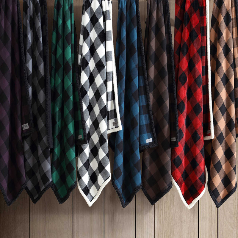 Eddie Bauer Cabin Plaid Flannel/Sherpa Throw Blanket, Red