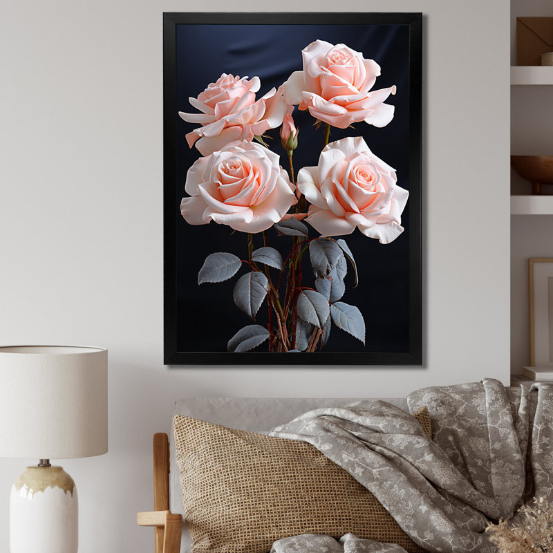 Fleurs roses pastel élégance II - décoration murale florale, Cadre photo noir, H 32 po x l 24 po x P 1 po