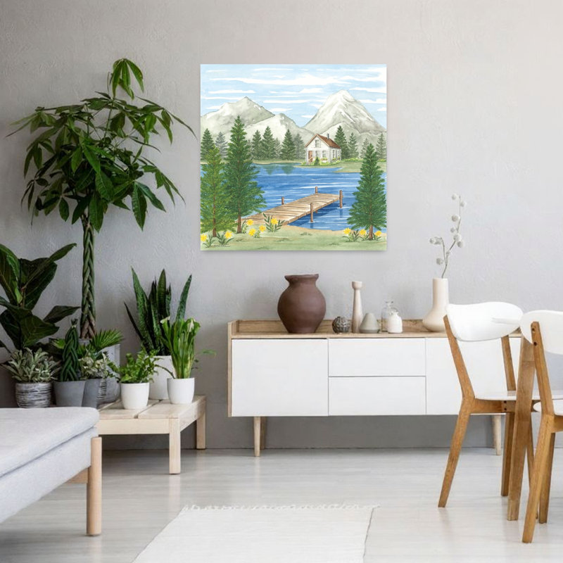 Quai au lac, paysage abstrait, art d'été, H 36 po x l 36 po