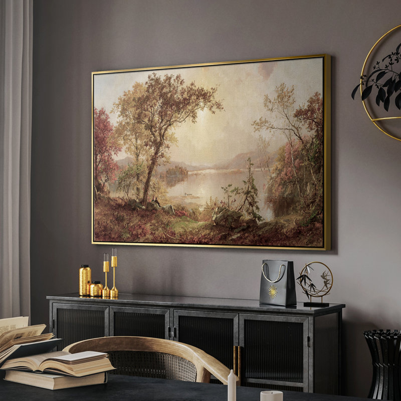 Paysage rétro -ccccxxix, Toile avec cadre flottant or, H 27 po x l 41 po x P 2 po