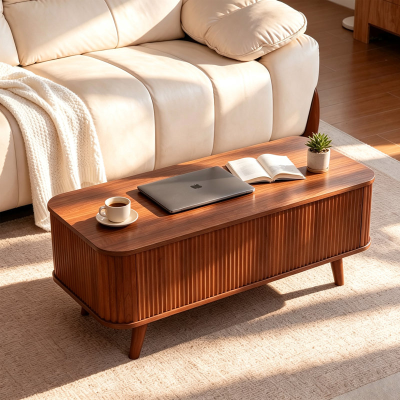 Table basse ovale Betty 100 cm (39,37 po) à plateau relevable cannelé avec rangement, en bois de noyer, avec 3 compartiments cachés, idéale pour le salon ou le bureau.