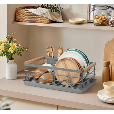 Stainless Steel Dish Drying Rack With Wooden Handle, Removable Drain Tray, And Cutlery Holder