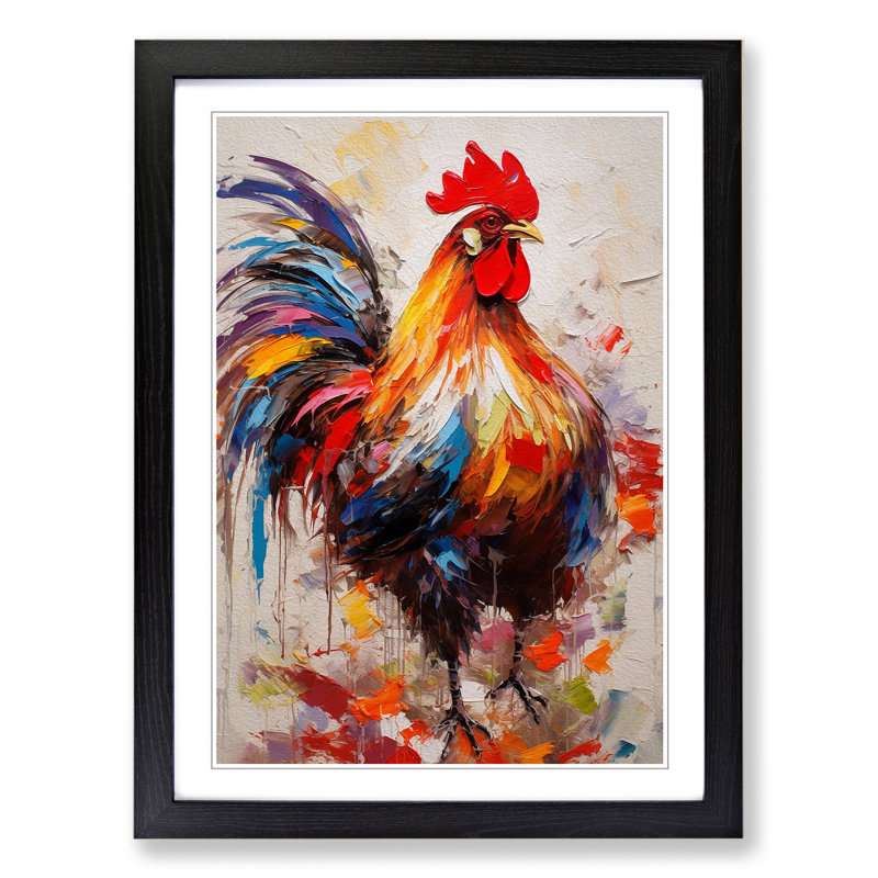 Rooster Gestural - Single Picture Frame Print on Wood, 46cm H x 34cm W x 2cm D, Black