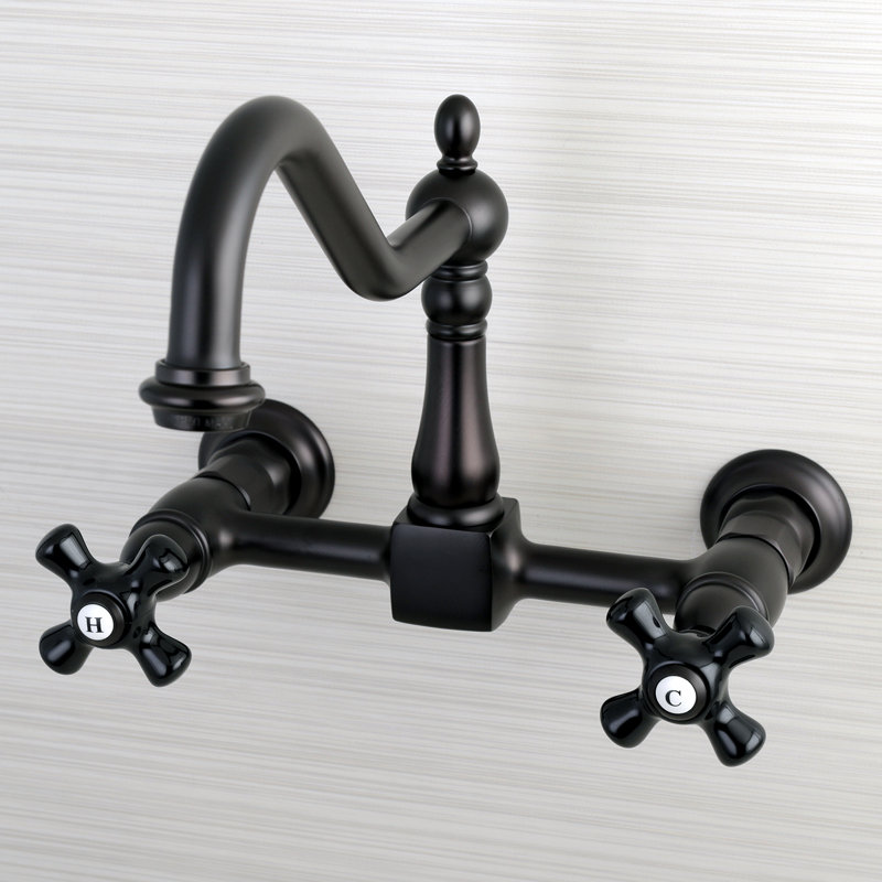 Kingston Brass Duchess Double-Handle 2-Hole Wall-Mount Bridge Kitchen Faucet, Oil Rubbed Bronze/Trim Black