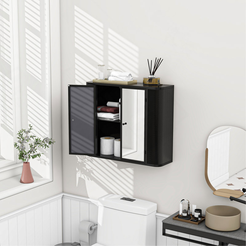 Armoire de salle de bain murale avec miroir, 2 portes en miroir et tablette ouverte, armoire de rangement en métal de style campagnard avec compartiment ouvert pour meuble-lavabo, toilette et évier