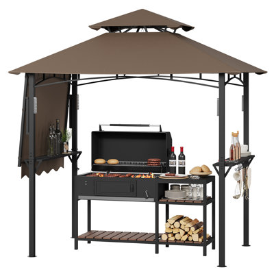 Coffee Brown Heavy-Duty Double-Tier Grill Gazebo, 8x5 FT Steel Frame BBQ Canopy with Side Awnings, Shelves, Hooks, LED Lights and Bottle Opener