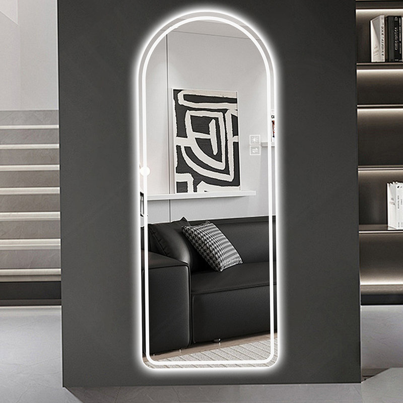 Miroir pleine longueur 65 po x 21 po à DEL arqué, à intensité variable, haute définition et antidéflagrant, debout ou fixé au mur - éclairé pour le maquillage, le studio et plus encore