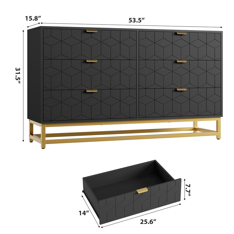 Commode pour chambre à coucher, grande commode de 53,5 po, 6 tiroirs avec poignée et pieds en métal doré, Noir