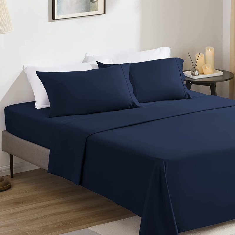 Microfiber Percale Sheet Set, Full Sheet Set with 2 Pillowcases, Navy