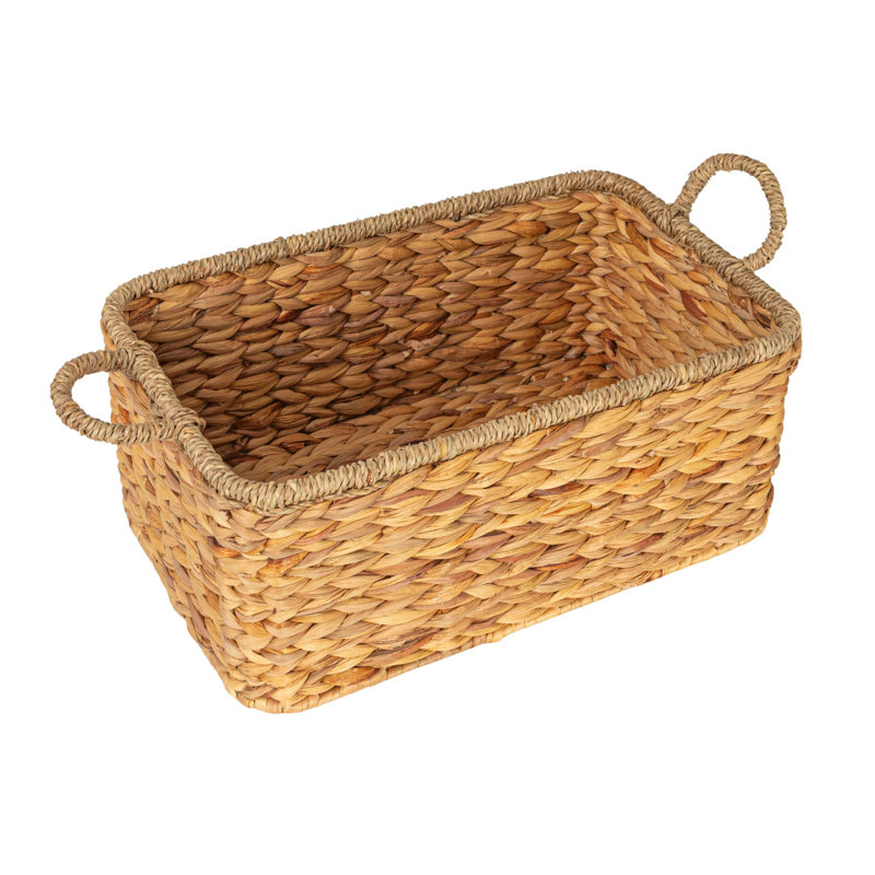 Clarabel Rectangular Handwoven Water Hyacinth and Seagrass Basket with Handles, Natural