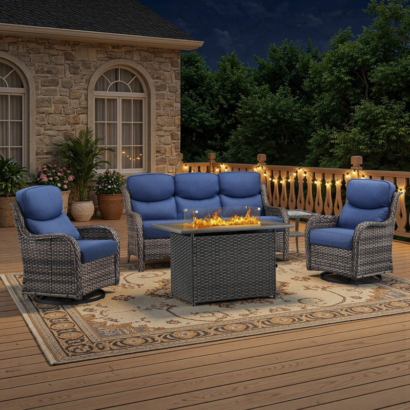5 - Person Handwoven Wicker Patio Conversation Fire Pit Set With 5" Olefin Cushions Swivel Glider Chairs & Side Table, Blue