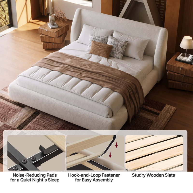Lit King capitonné moderne et bouclé avec tête de lit extra large à oreilles, pieds et lattes en bois – Sommier non requis, montage facile, blanc