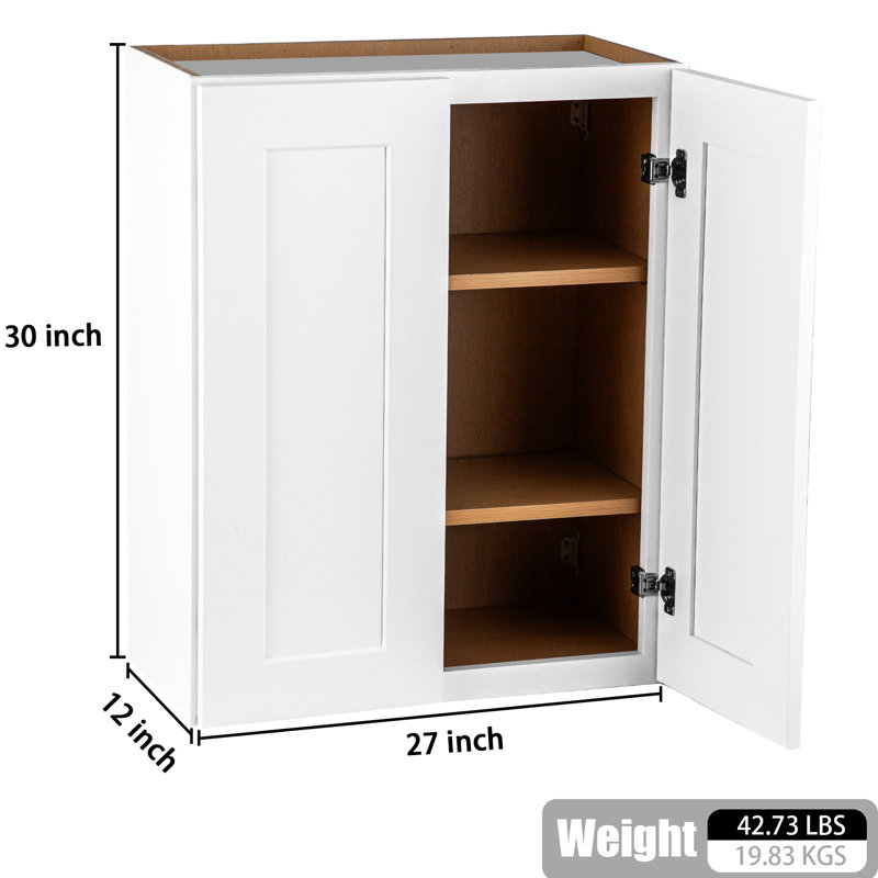 Armoire murale blanche en bois massif avec 2 portes et tablettes réglables pour le rangement dans le garage de la salle de bain, charnières à fermeture en douceur, assemblage facile, finition laquée, buanderie de bureau l 27 po x P 30 po, tablettes,