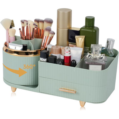 Organisateur de maquillage comptoir avec tiroir 360 porte-brosses rotatives avec porte-pinceaux de grande capacité