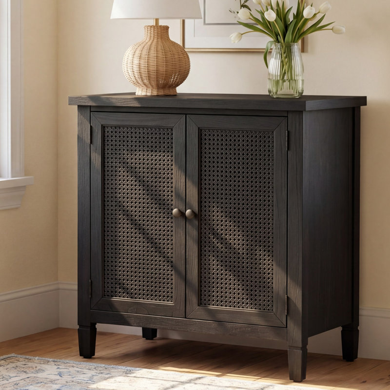 Charleston 2-Door Cane Cabinet, Washed Black