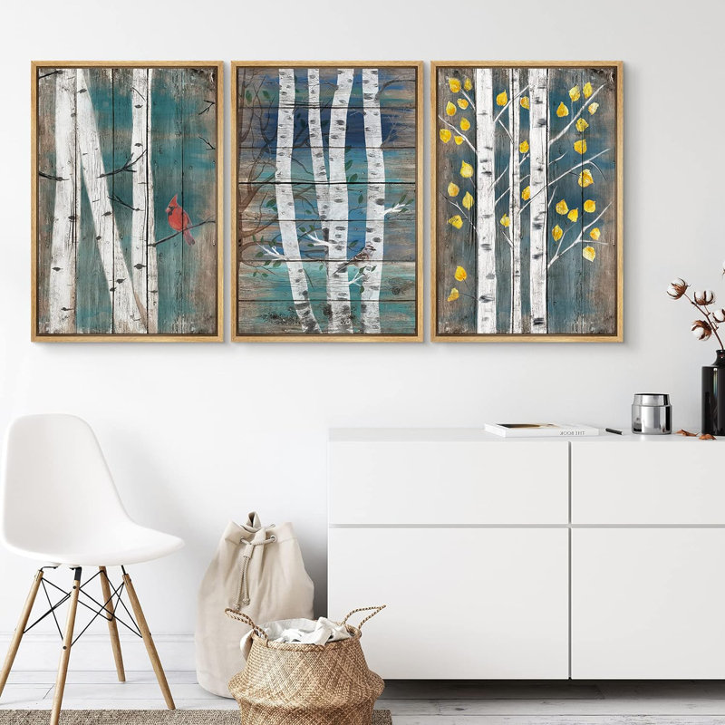 "Aspen Birch Birch Trees" sur fond de bois, reproduction sur toile 3 pièces, H 36 po x l 72 po x P 1,5 po, Naturel