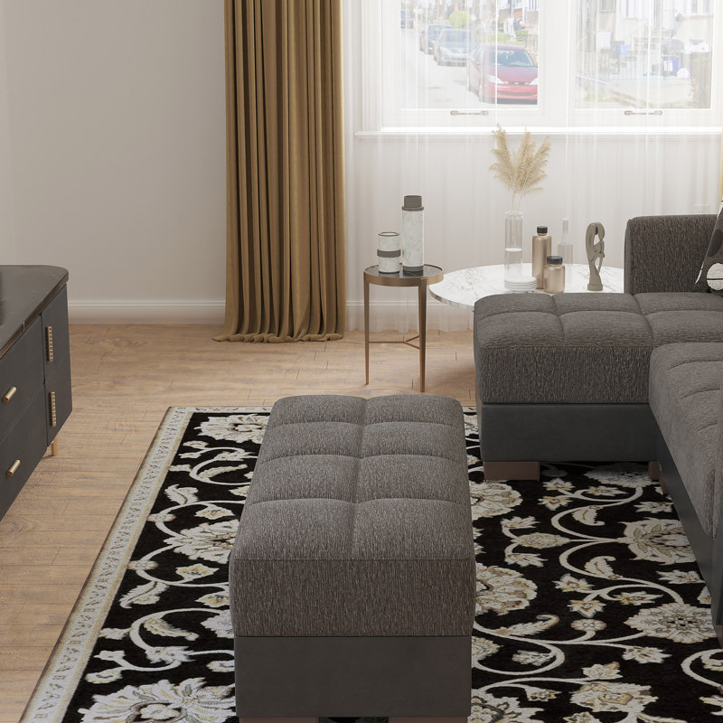 Clemmer Fabric Upholstered Ottoman with Storage, Gray/Black Chenille
