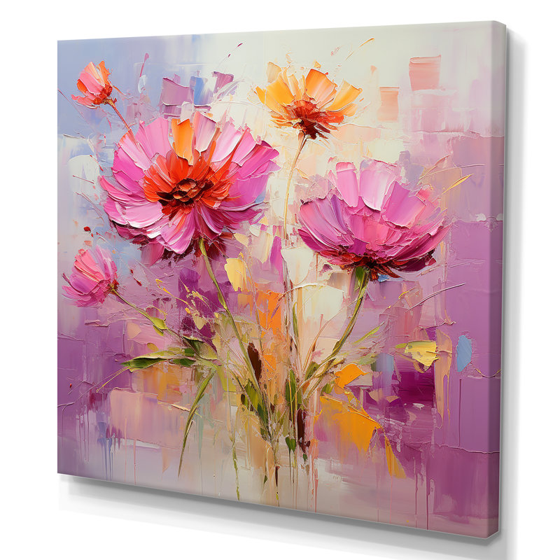 Rose et jaune fleurs de jardin - art mural bleuets, Toile tendue, H 36 po x l 36 po