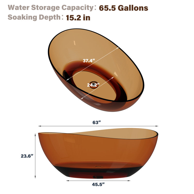 Marfa 63'' x 37'' Oval Wave Semi Transparent Resin Freestanding Soaking Bathtub, Coffee