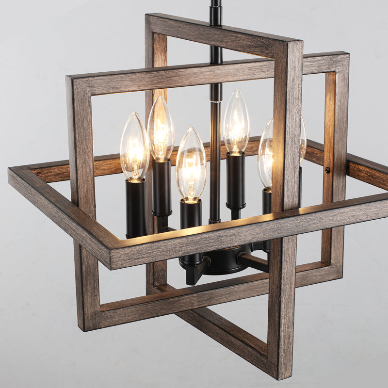 Mercer41 6 - Light Dimmable Industrial Square/Rectangle Geometric Candle Style Chandelier with Metal Cage for Dining Room, Kitchen Island, Foyer, Hallway