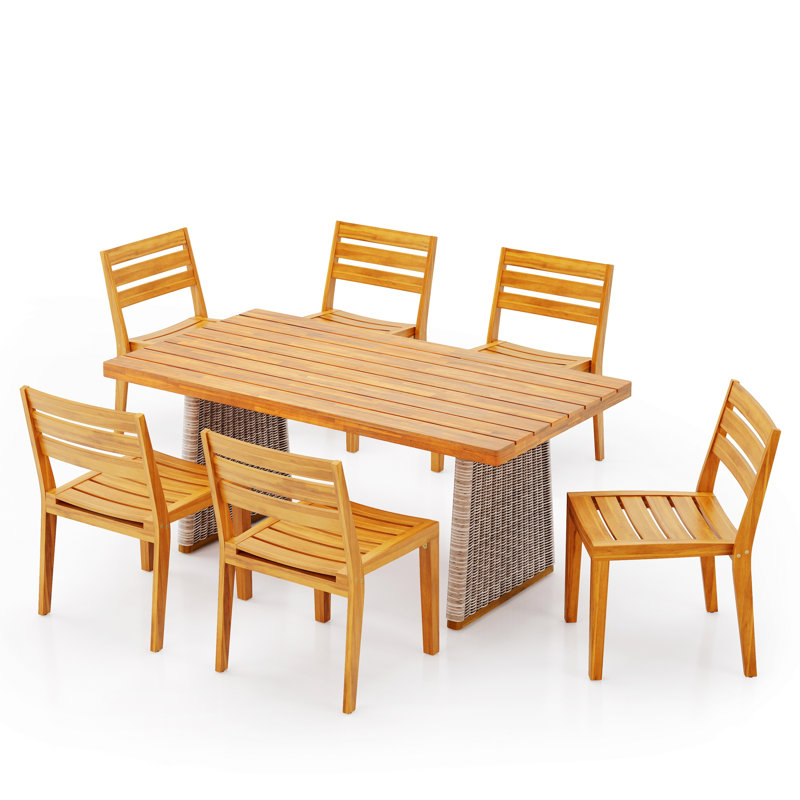 Ensemble de salle à manger d'extérieur en bois d'acacia 7 pièces avec pieds en rotin tissé à la main, Brown/Teak