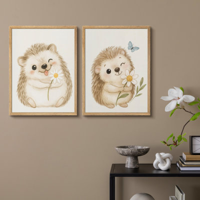 Mignon hérisson, ensemble d'art mural encadré de 2 - Adorable animal tenant des impressions de fleurs pour chambre d'enfant ou chambre d'enfant