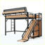 Lit simple mezzanine en métal naturel avec glissière, tablettes de rangement, garde-robe intégrée et lumières DEL