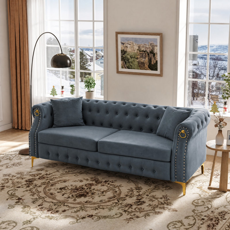  83.5" Velvet Chesterfield Tufted Sofa, Gray