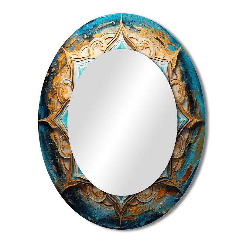 Mandala divin en miroir rétro doré et turquoise I - Bohème, 43 po x 33 po