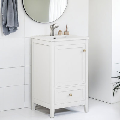 Meuble-lavabo de 20 po avec lavabo, armoire de salle de bain avec porte à fermeture douce, support de rangement et tiroir, blanc