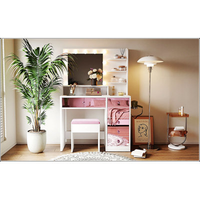 Bureau de coiffeuse glamour avec plateau en verre, 11 ampoules Hollywood, 3 modes d'éclairage couleur et rangement spacieux pour les chambres à coucher modernes