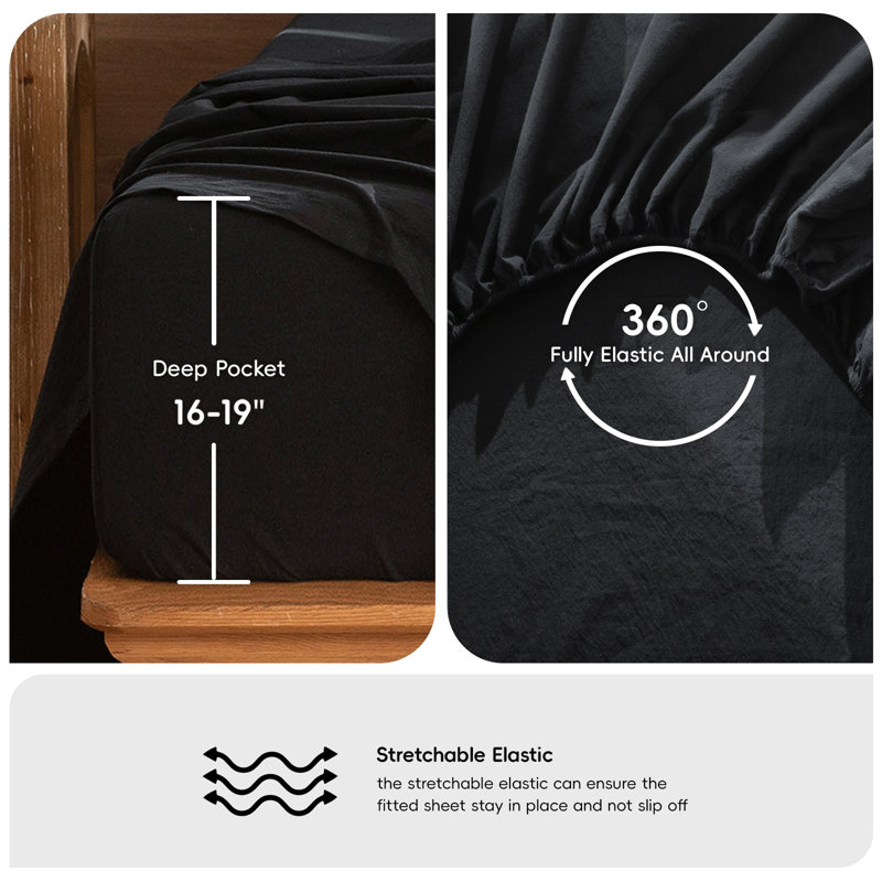 MooMee Sheet Set Extra Deep Pocket 100% Washed Cotton Linen Like Textured Lightweight Breathable, Black