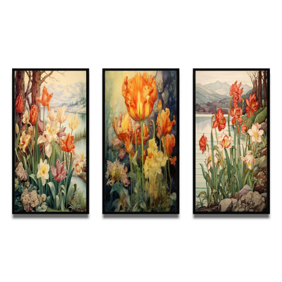 «Red Tulips Blooming Retro Illustration I», 3 pièces sur toile