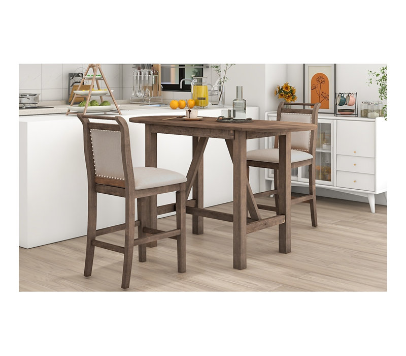 Ensemble de salle à manger à hauteur de comptoir 3 pièces avec table à abattants et chaises rembourrées, en bois d'hévéa brun Topmax