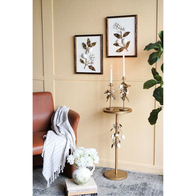 Table d'appoint ronde en fer 11,8 x 11,8 x 28,3 po avec accents floraux dorés et blancs et base en ciment (table basse incluse)