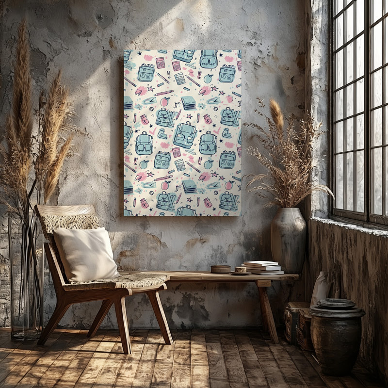 La toile crée un motif sans couture avec une variété de Doodles à thème éducatif, y compris des fournitures scolaires comme des sacs à dos, art mural