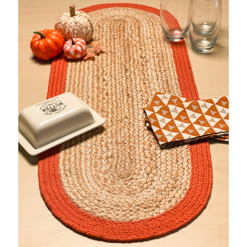 VERONA JUTE BORDER ROUND TABLE RUNNER, Natural/Ivory, 8" x 24"