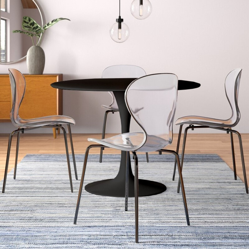 5-Piece Dining Set With 35" Round Black MDF Dining Table And 4 Plastic Side Chairs With Black Legs, Transparent