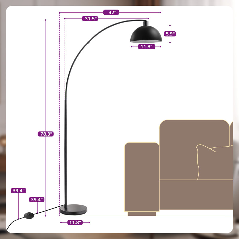 Lampe sur pied arquée / arquée 78,4 po Bynaker, Noir, Sans télécommande, Interrupteur marche/arrêt