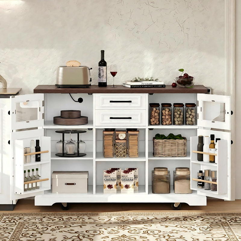 54.9" Kitchen Island With Drop Leaf, Power Outlet, Kitchen Storage Cart With 4 Door Shelves, Cross Barn Doors & Visual Glass Door, Rolling Kitchen Island On 4 Wheels For Kitchen, Dining Room,white