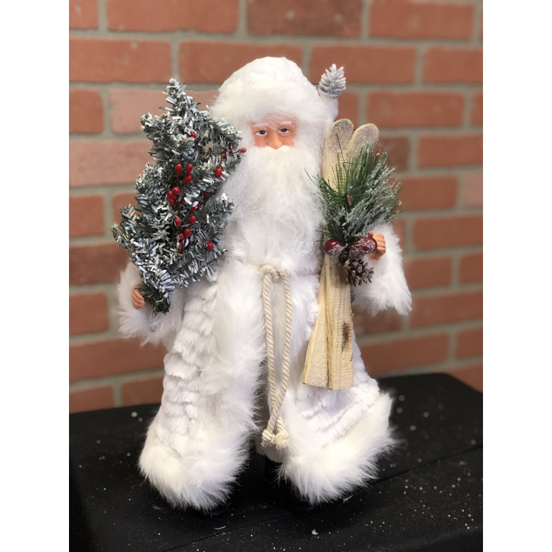 Classic Winter White Wooden Santa Figurine with Glitter