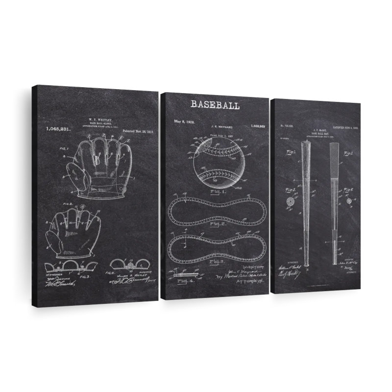 Ensemble de 3 pièces de brevet de baseball sur toile, H 24 po x l 38 po x P 1,25 po