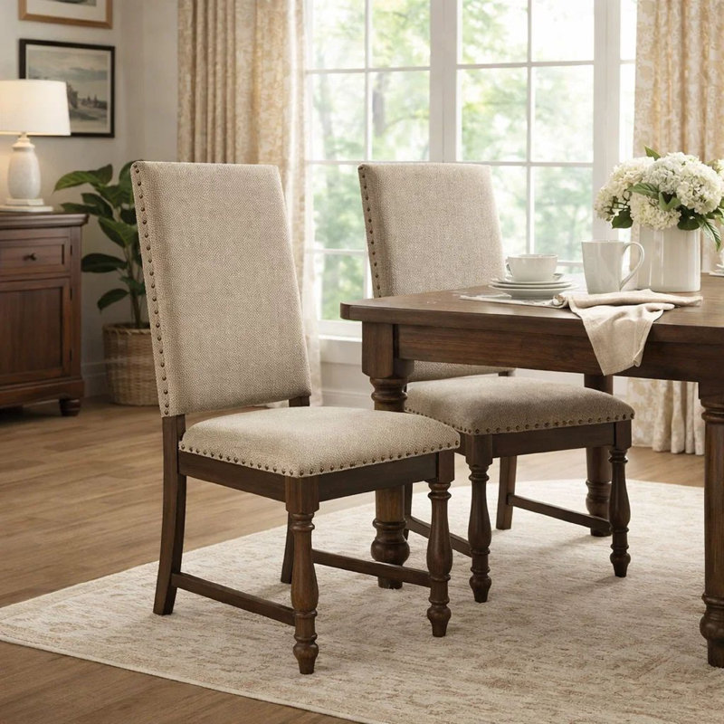 Ensemble de 2 chaises d'appoint Tom, polyester beige, brun chêne, pieds tournés