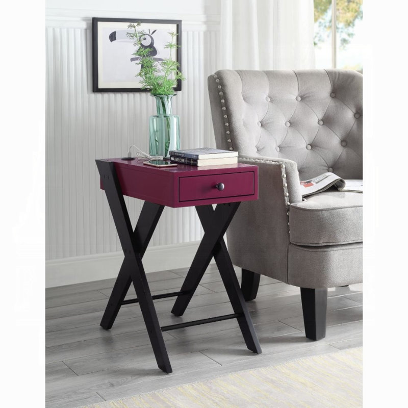 Geonaa Transitional Rectangular Accent Table with USB Power Dock and X-Shape Leg, Burgundy