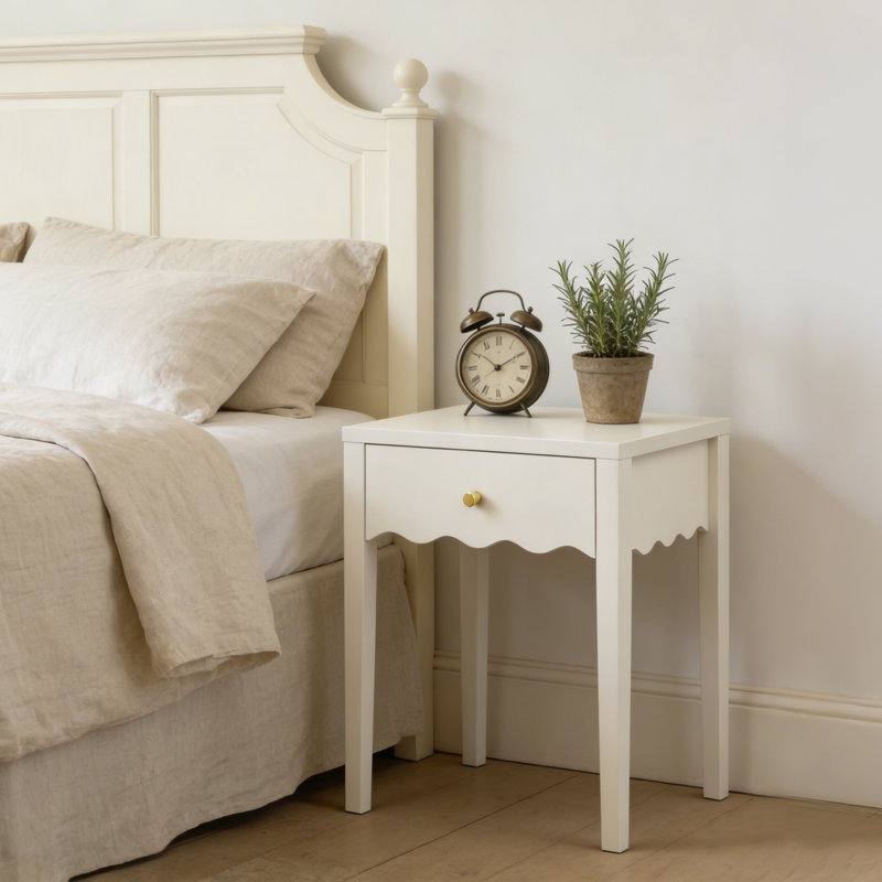 Elegant Scalloped Edge Nightstand White Bedside Table with Accent Drawer
