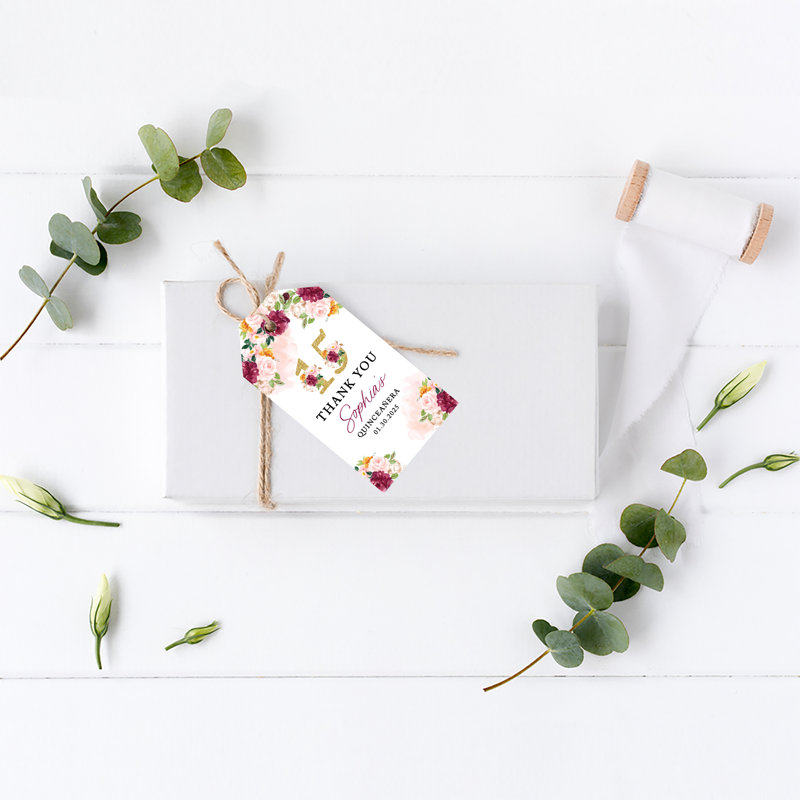 Étiquettes personnalisées personnalisées avec cordes, bourgogne et rosé, étiquettes-cadeaux de remerciement classiques, paquet de 40