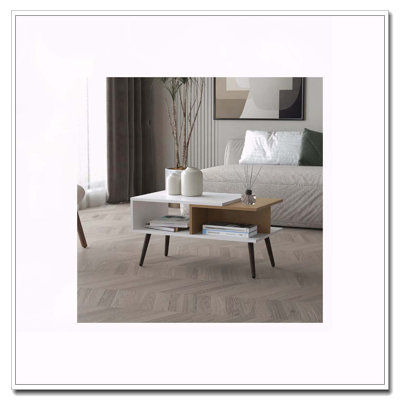 White And Natural Oak Coffee Table With Open Storage And Conical Legs