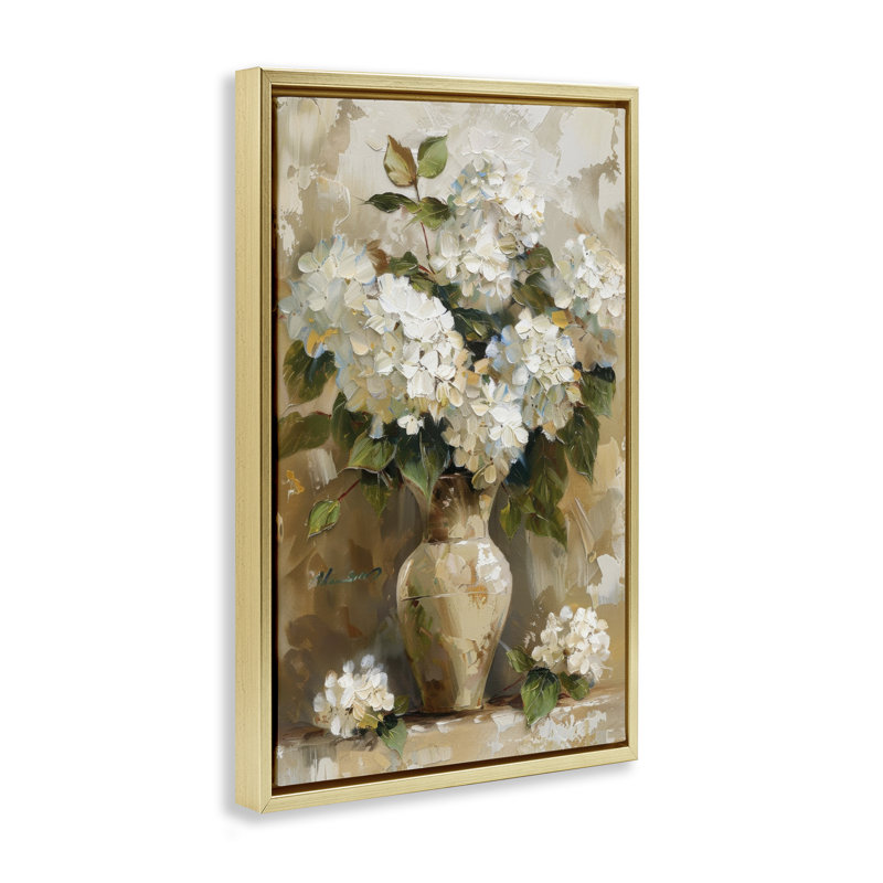 Vintage White Hydrangeas Canvas by LSR Design Studio, H 25 po x l 17 po, Cadre flottant métallique doré