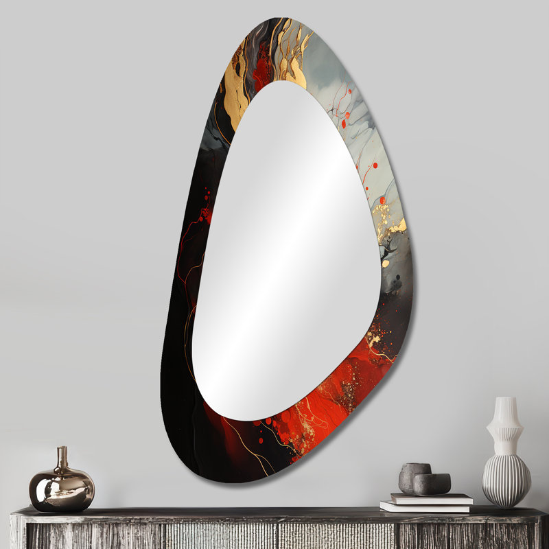 Dumais rouge et or marbre volcan V - peinture abstraite forme unique miroir décoratif, miroir mural asymétrique rouge, impression d'art en métal