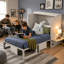 Lit escamotable moderne complet avec 2 tiroirs de rangement, ports USB et table de chevet, gris-128967975-128967977
